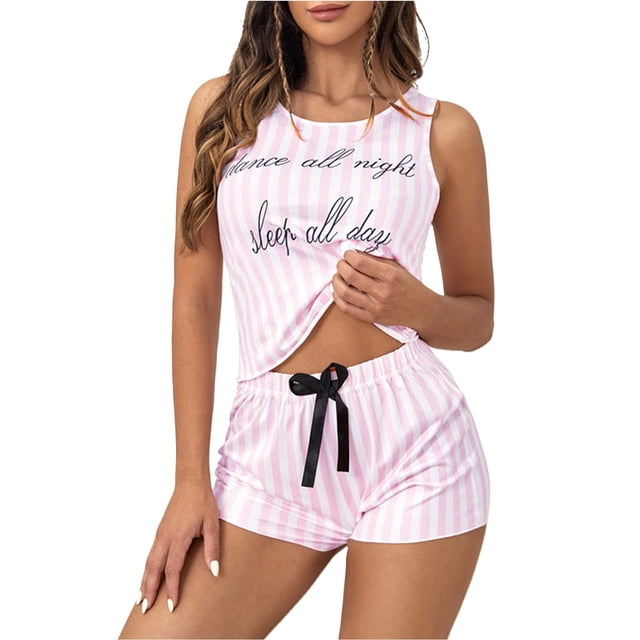 Kcodviy New Women's Printed Tank Pajamas for Mom Top Shorts Pajamas Ladies Button Pajamas Homewear Robe and Pajama Set for Women Pajama Pants Petite Short Pajama