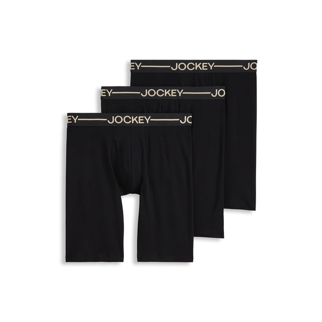 Jockey Men's Organic Cotton Stretch 9.5" Long Leg Boxer Brief - 3 Pack in black. These mid-rise boxer briefs feature a 9.5-inch inseam, key-hole fly design, and a stay-put leg fit to prevent ride-up. Made from soft, breathable organic cotton with a touch of stretch for all-day comfort. The waistband displays the Jockey logo.