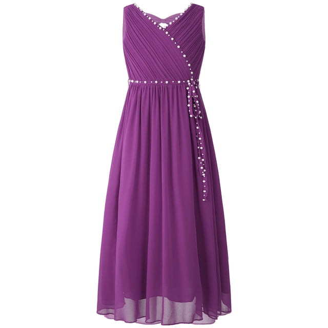 TDAO Robe en Chiffon Sans Manches Col en V Perlée Mariage Demoiselle d'Honneur Soirée Bal Robe de Bal Formelle Violette 14