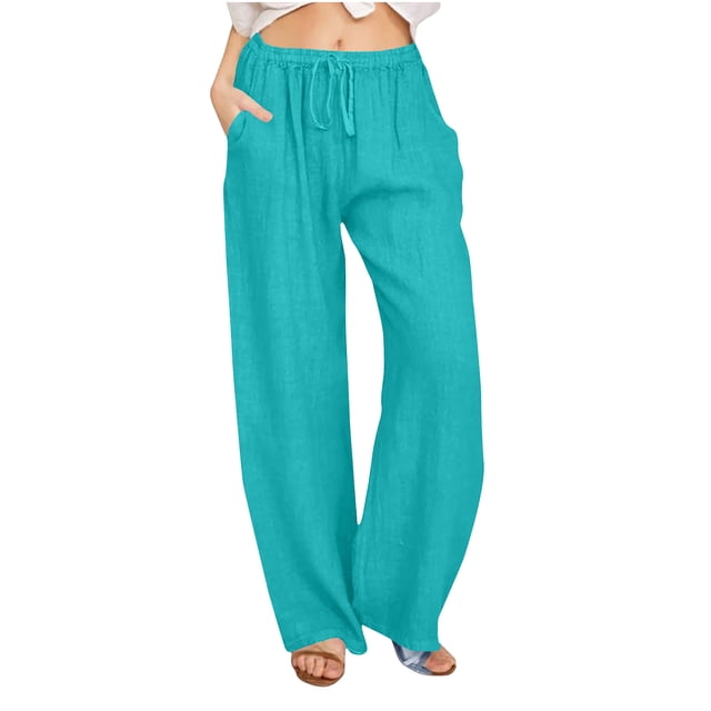 Timegard Cotton Linen Pants for Women Elastic Waist Drawstring Fall Travel Casual Pants with Pockets