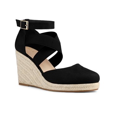 BLISSFUL STEP Halloween Women's Espadrilles Wedge Sandals Platform Close Toe Cross Strap Sandal Black 9