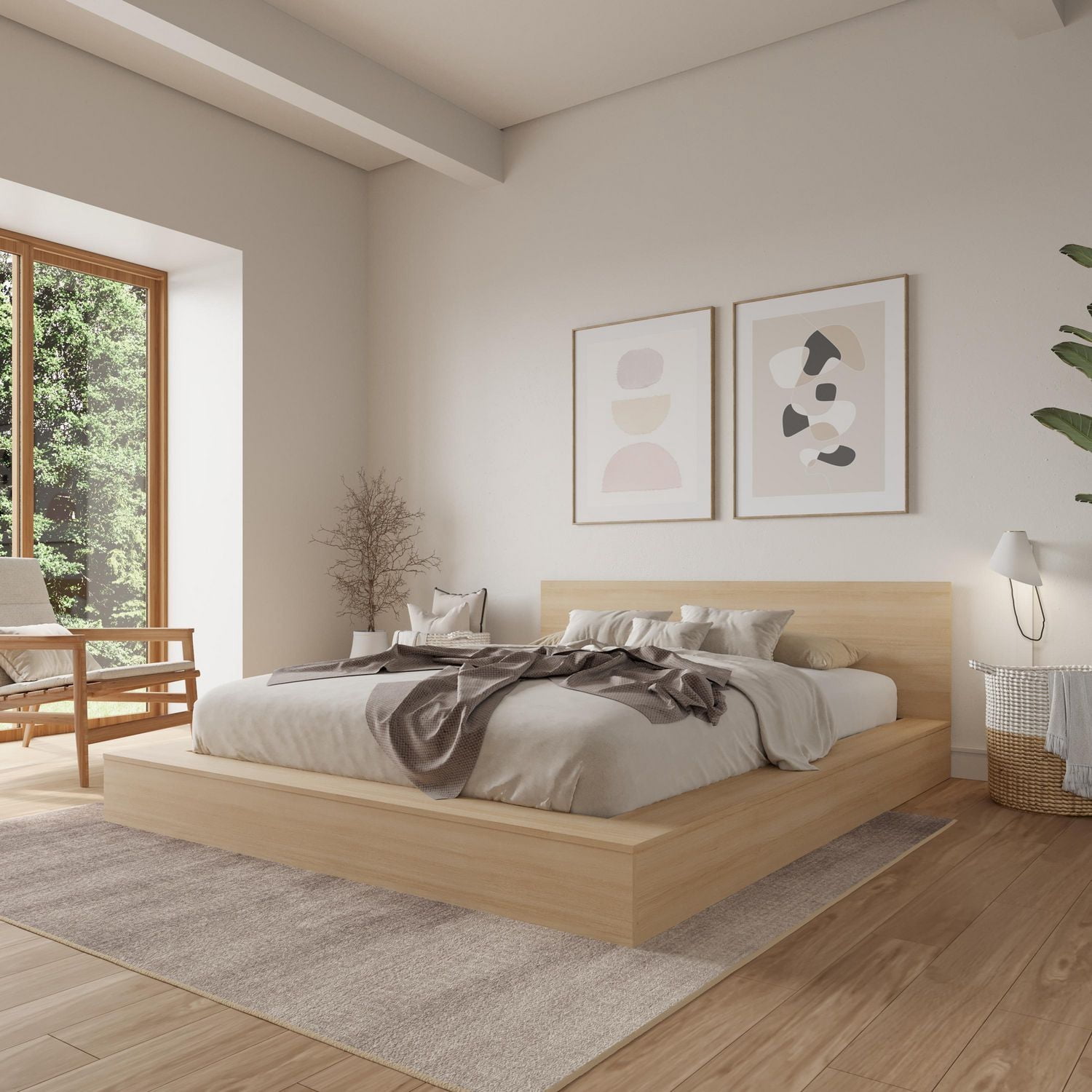 Nexera Kanso Lit à Plateforme Basse avec Tête de Lit, chêne blond naturel