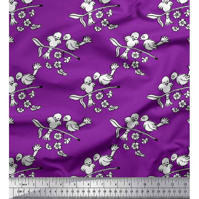 Soimoi Poly Georgette Fabric Leaves,Bird & Floral Block Print Sewing Fabric Yard 52 Inch Wide