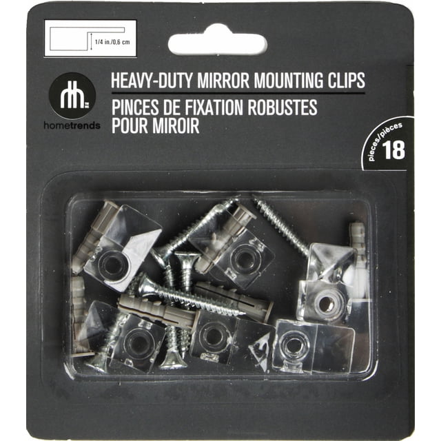 Hometrends Clips et vis décoratifs robustes pour miroir. Clips en plastique pour montage mural. Six (6) ensembles de quincaillerie inclus. Recommandés pour les miroirs d’une épaisseur de 1/4 po.