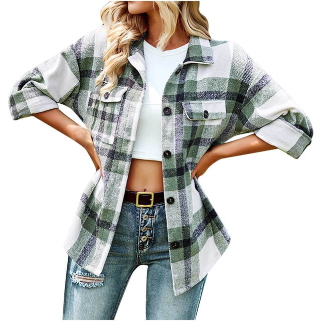 Yuyuzo Plaid Flannel Shirts for Women Oversized Long Sleeve Shacket Jacket Button down Blouse Tops