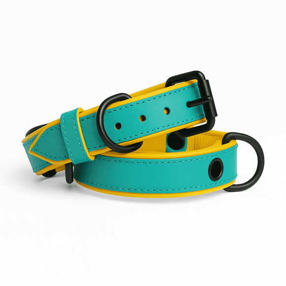 Dog Collar. Handmade Genuine Leather Dog Collar – Teal with Yellow Inner Liner, Adjustable Buckle. Buddies Collars
