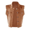thumbnail image 3 of Womens Distressed Denim Button Up Sleeveless Crop Vest, Brown, XX-Large, 3 of 5