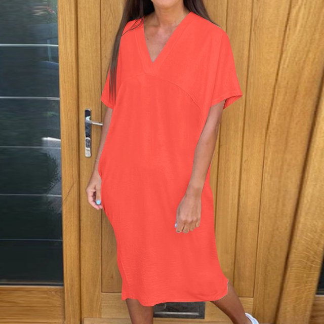 Ovzne Robes pour Femmes 2025 Robe de Plage Robe Décontractée pour Femme Couleur Unie Col en V à Manches Courtes Robe Décontractée Robe pour Femme à Manches Courtes Liquidation