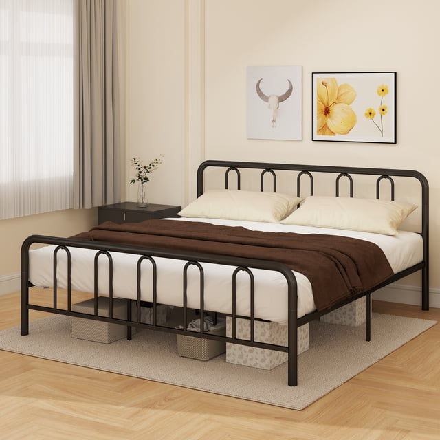 Gymax Cadre de Lit en Métal Format Très Grand Tête de Lit Pied de Lit Plateforme Base de Matelas