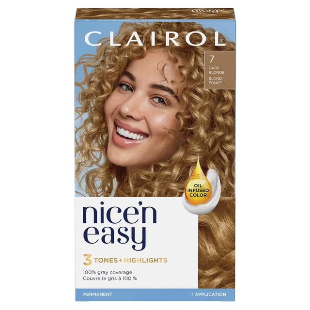 Clairol Nice'n Easy Permanent Hair Dye in shade 7 Dark Blonde with 3 tones and highlights, oil infused color cream providing natural-looking permanent hair color, 100% gray coverage, and one application kit.