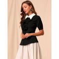 thumbnail image 4 of INSPIRE CHIC Women's Contrast Collar Tie Ruffle Front Button Short Sleeve Work Shirt, 4 of 6