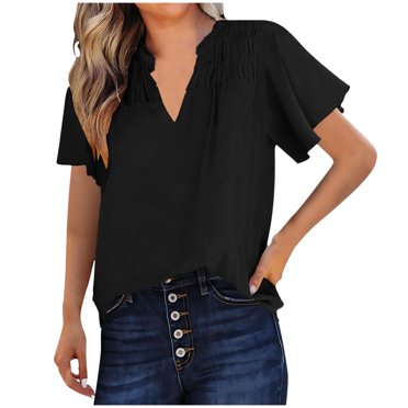 asjyhkr Womens Short Sleeve Summer Tops V Neck Loose Fitting Pleated T Shirts Solid Color Tees