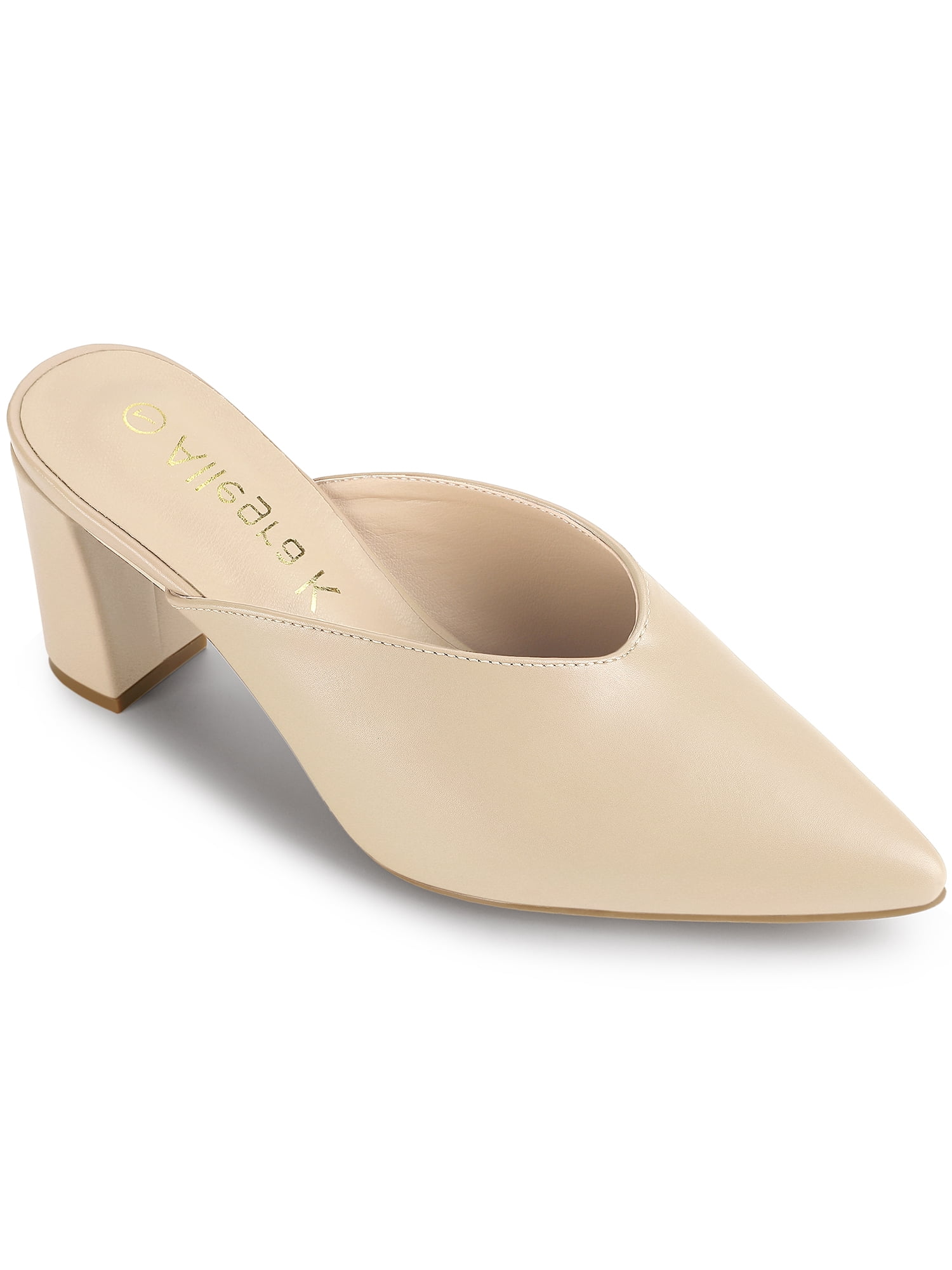 BLISSFUL STEP Mules à Talons Épais à Bout Pointu pour Femmes Beige (Taille 6)