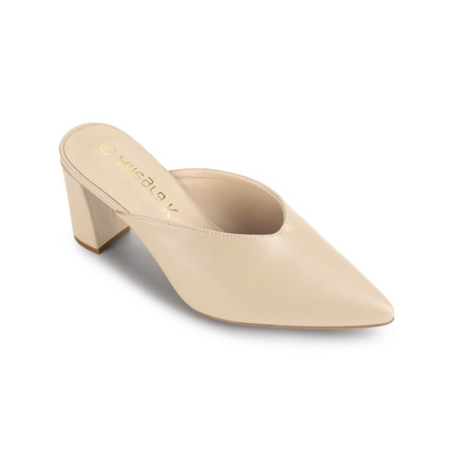 BLISSFUL STEP Women's Pointed Toe Chunky Heels Slides Mules Beige (Size 6)
