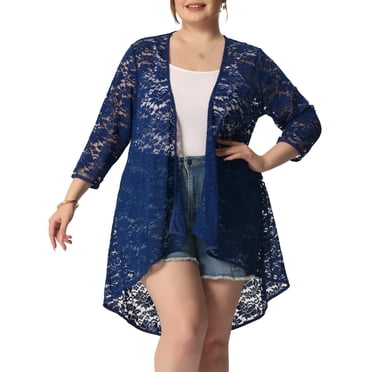 GRACE & GRANDEUR Cardigan pour Femme Grande Taille en Dentelle Crochet Asymétrique Manches 3/4 Ouvert Kimono Transparent Couvre-Maillot Bleu Marine 3X