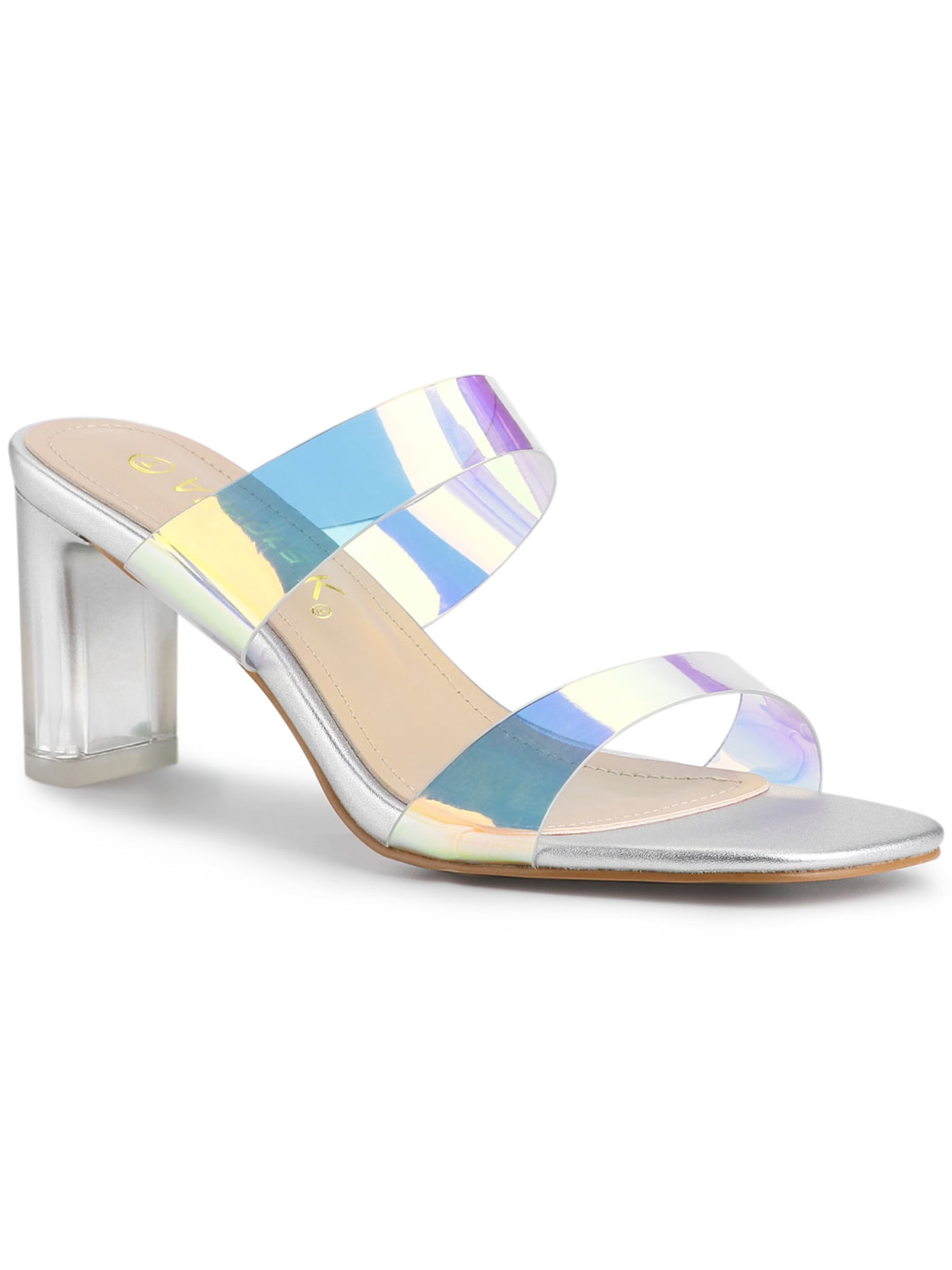 BLISSFUL STEP Women's Clear Colorful Straps Block Heeled Slides Sandals