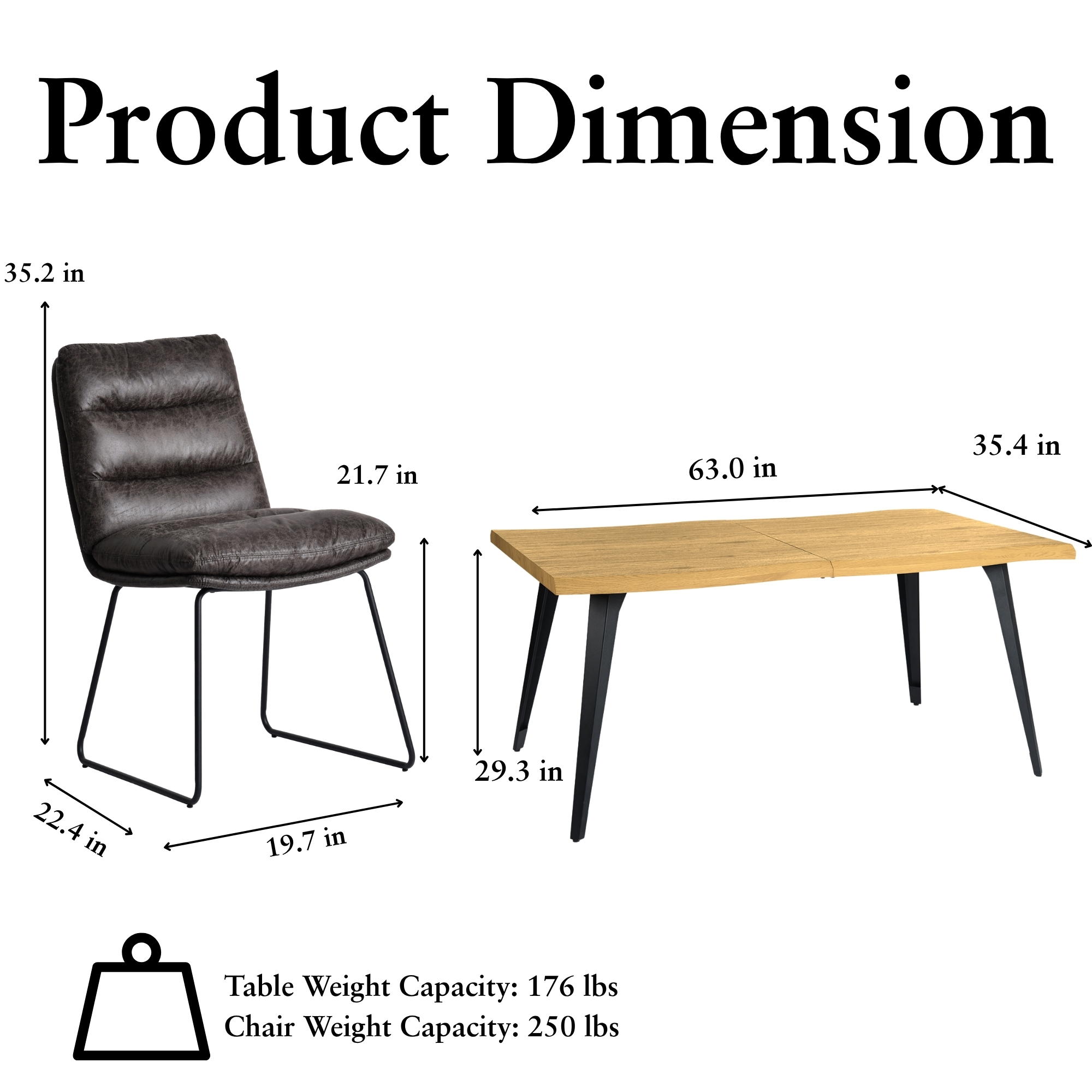 Ensemble de salle à manger industriel Homy Casa 63 pouces pour 4 personnes, table en faux bois, chaises en similicuir