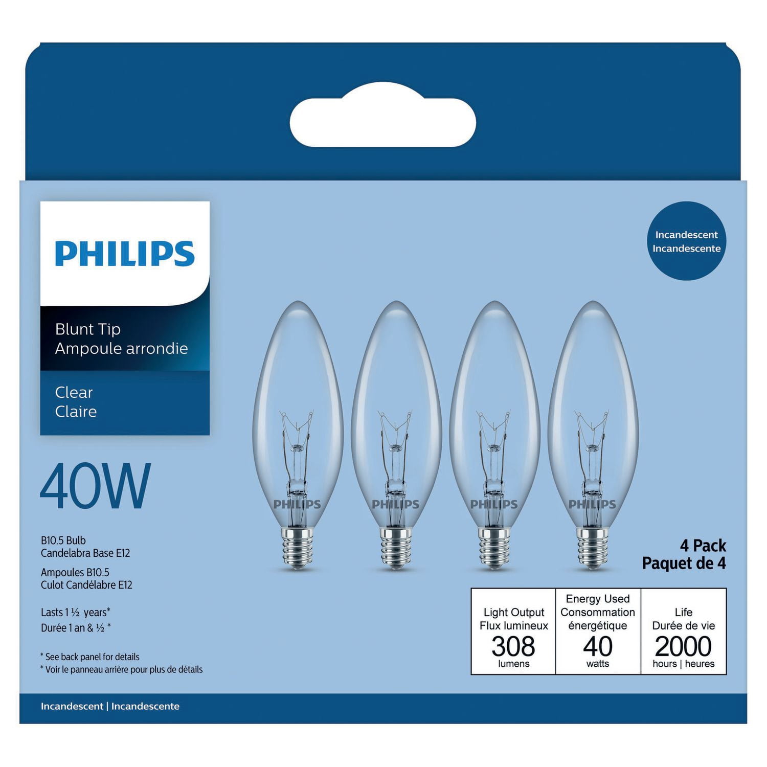 PHILIPS ampoules B10 de 40 W à culot candélabre pour chandelier - Paquet de 4