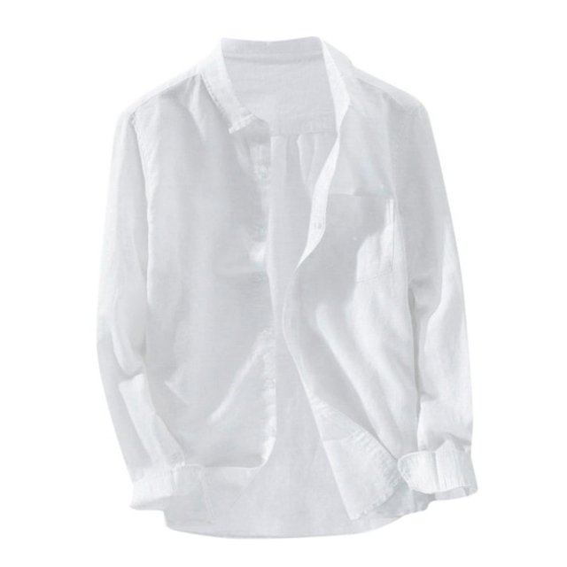 Men‘s Baggy Solid Cotton Linen Long Sleeve Button Pocket Plus Size T Shirts