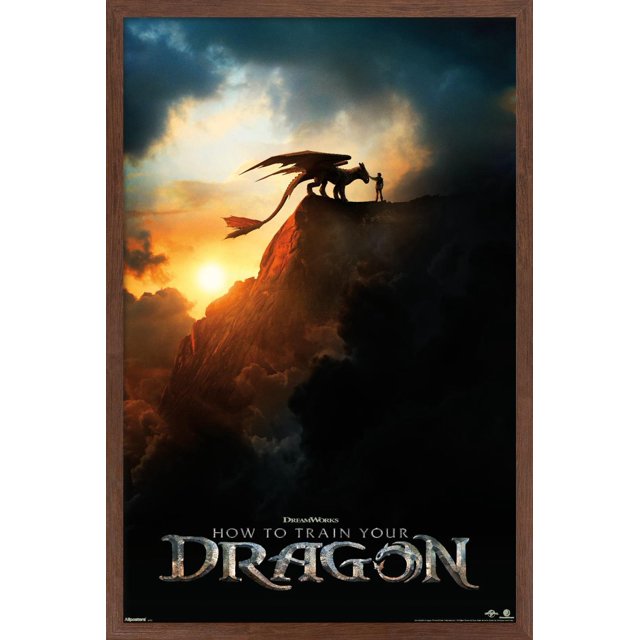 How To Train Your Dragon (2025) - Teaser One Sheet Wall Poster framed in wood, depicting a dragon and person silhouetted on a rocky peak at sunset with clouds, printed on glossy PhotoArt paper, suitable for wall art and home décor in bedrooms, offices, or dorms.