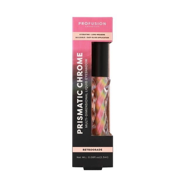 PROFUSION COSMETICS Fard à Paupières Liquide Multidimensionnel Prismatic Chrome en Teinte Rétrograde, Présenté dans une Bouteille en Verre Transparent Torsadé avec Capuchon Noir à l'Intérieur, Emballage Rose et Noir, Illuminateur Hydratant, Longue Tenue, Formule Modulable avec application à Glissement Facile, net 2,3 ml, Idéal pour des looks d'Yeux Audacieux Ou Subtils.