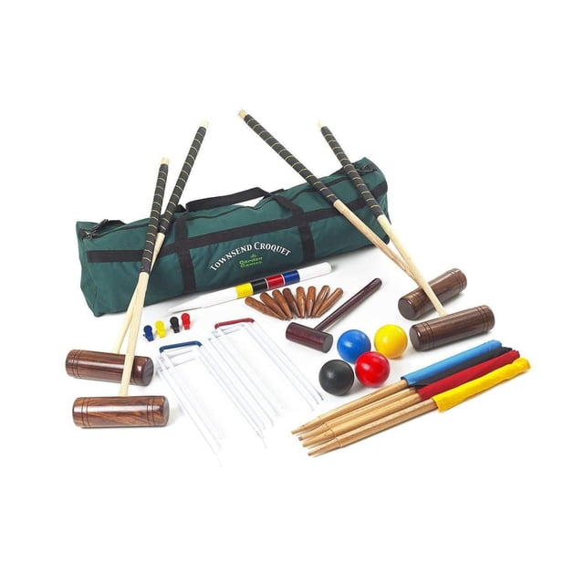 Big Game Hunters Townsend Ensemble de Croquet Comprenant Quatre Maillets en Bois de Rose de 38 Pouces avec Tiges Octogonales en Frêne et Poignées en Cuir, Quatre Balles Colorées Anti-Éclaboussures, six Guichets en Acier, Drapeaux d'Angle en Bois Rouges, Bleus et Jaunes, Chevilles en Bois, Poteau Gagnant en Bois Franc, Pinces en Plastique et un Sac de transport en Toile Vert à Fermeture Éclair pour le Rangement et le transport.