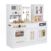 Patiojoy Kids Play Kitchen Set Wooden Cooking Toy with Lights & Sounds Stove Sink Faucet Oven White