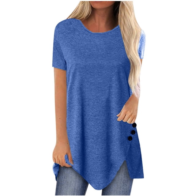Pompotops Femmes Plus Bouton de Taille Solide Col Rond Manches Courtes Irrégulières T-shirt Chemisiers