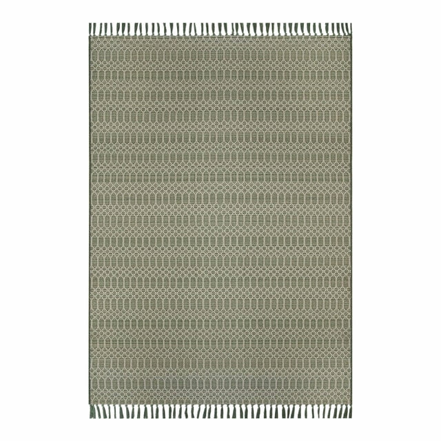 Better Homes & Gardens 5' x 7' Green Tassel Outdoor Rug with a tapestry-woven geometric pattern in green and beige, green tassels on the shorter edges, made from durable, weather-resistant polypropylene and polyester blend, suitable for outdoor or indoor use and easy to clean by vacuuming or rinsing.