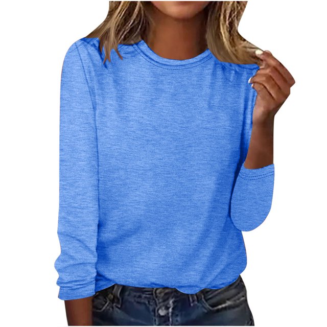 HKEJIAOI Chemises en Polyester Long Sleeve pour Women Col Rond Solide Sortir Tops pour Women