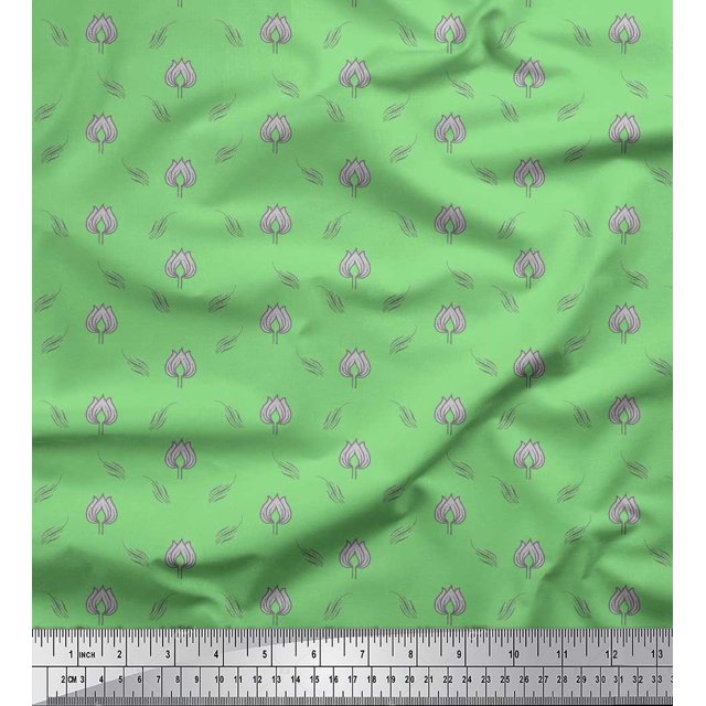 Soimoi Green polyester Crepe Fabric Leaves & Lotus Floral Print Fabric by Yard 42 Inch Wide