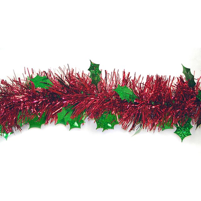 Guirlande de Noël Rouge Brillant de 12 Pieds avec Houx Holographique Vert - Non Éclairée