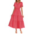 thumbnail image 4 of Meichang Robes Midi d'Été pour Femmes à Manches Courtes, Encolure en V Fendue, Taille Plissée, Robe Trapèze, Évasée, Décontractée, à Étages, Longue, Robes d'Invitée de Mariage, 4 of 9