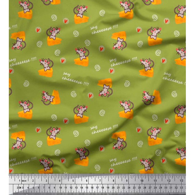 Soimoi Green Velvet Fabric Cheese Slice & Rats Kids Decor Fabric Printed Yard 58 Inch Wide