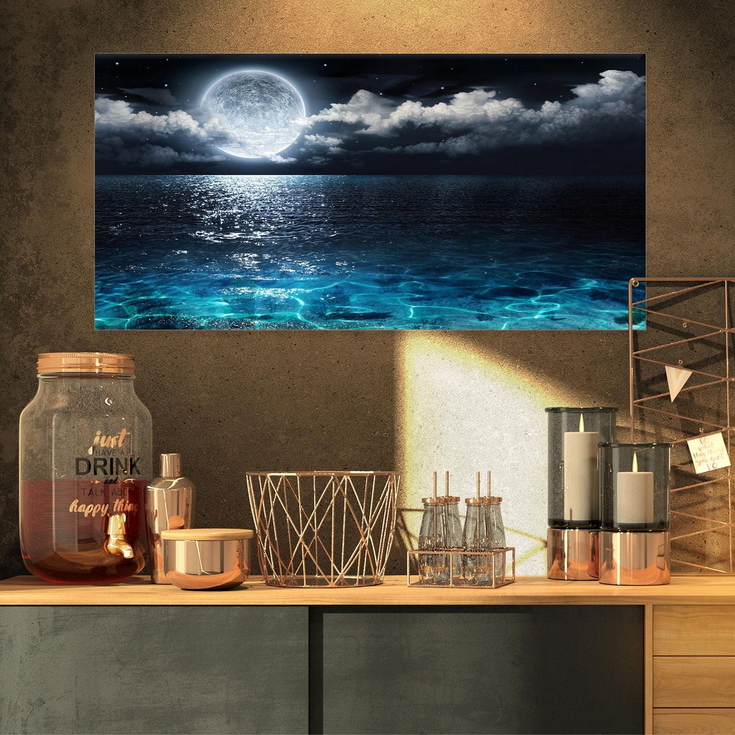 Designart Pleine lune romantique sur la mer Art mural sur toile
