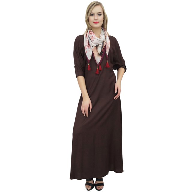 Bimba Robe Longue Maxi Brune pour Femme avec Foulard à Franges, Robes Boho de Designer-4