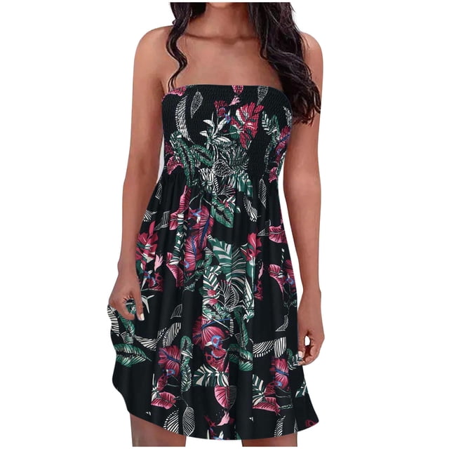 Pompotops Robe Sans Bretelles à Bande Élastique Style Bohème pour Femme Robes Robe Sans Manches à Imprimé Floral