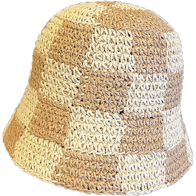 LinYooLi Straw Bucket Hat for Women Plaid Patchwork Crochet Fisherman Hat Outdoor Sun Protection Hollow Ladies Bucket Cap