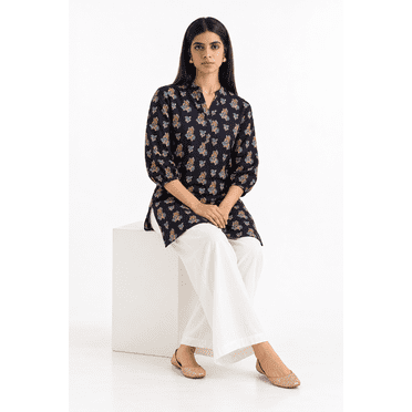 DWEEP SARA Women’s Navy Blue Cotton Blend Ethnic Motifs Printed Short Kurti / Tunic, L-40