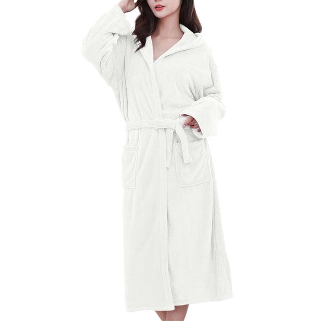 WRKEKC Womens Robe Solid Color Plush with Pockets Hooded Cotton Absorbent Quick Dry Bathrobe for Women Fall Lounge Wear