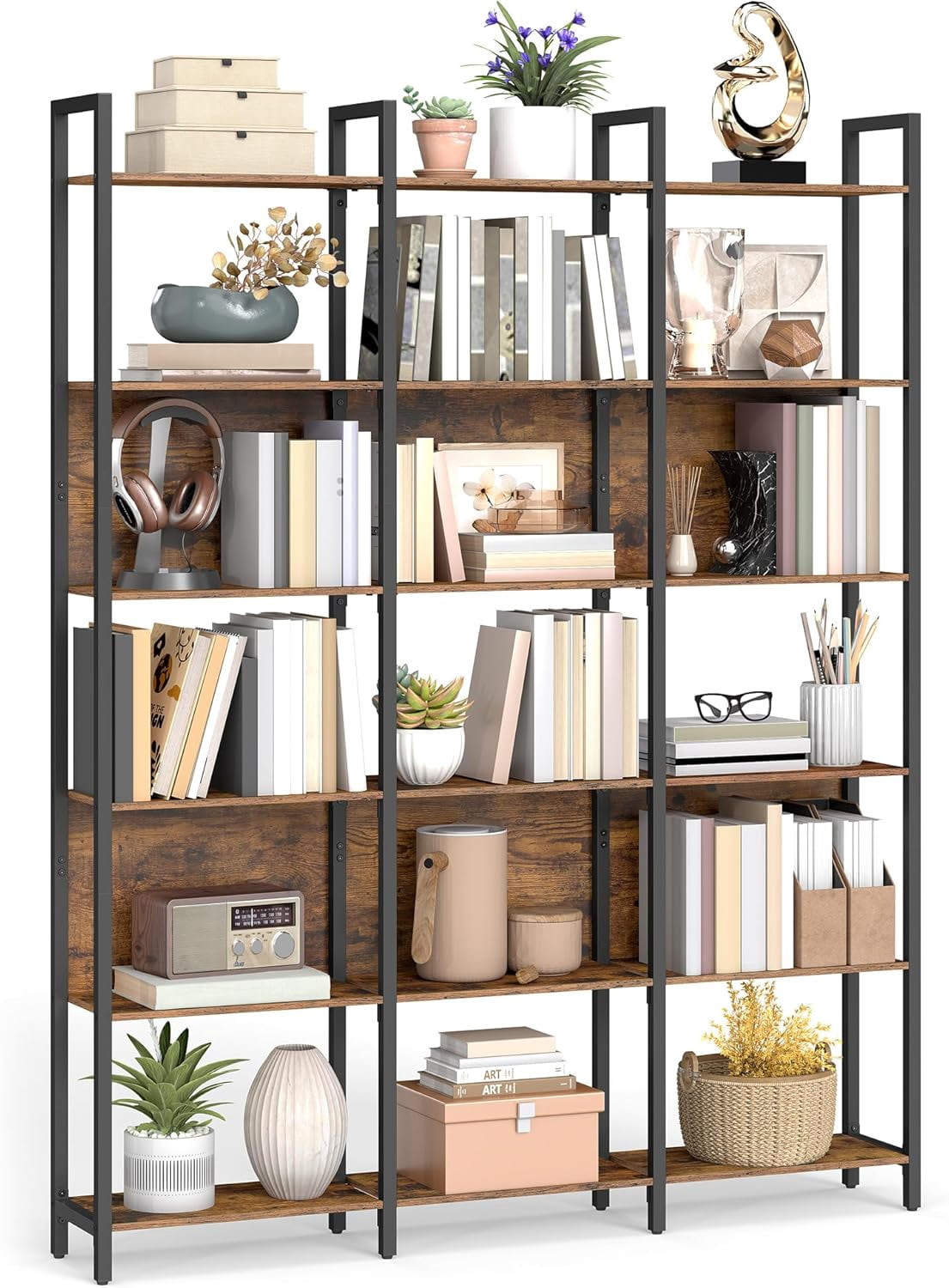 VASAGLE 6-Tier Bookshelf, Book Shelf, Industrial Bookcase, with Steel Frame, for Living Room, Home Office, Bedroom, 24 x 128 x 187.1 cm, Rustic Brown and Ink Black