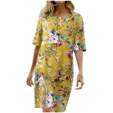 RKSTN Robe d'Été Décontractée pour Femmes Col Rond Manches Mi-Longues Robe de Plage Imprimé Floral Tunique à Volants