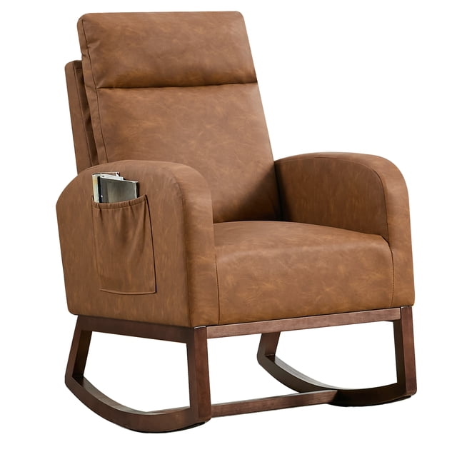 Garvee Rocking Chair, Modern Glider Chair, Recliner Armchair with Wood Legs and Side Pocket,Brown