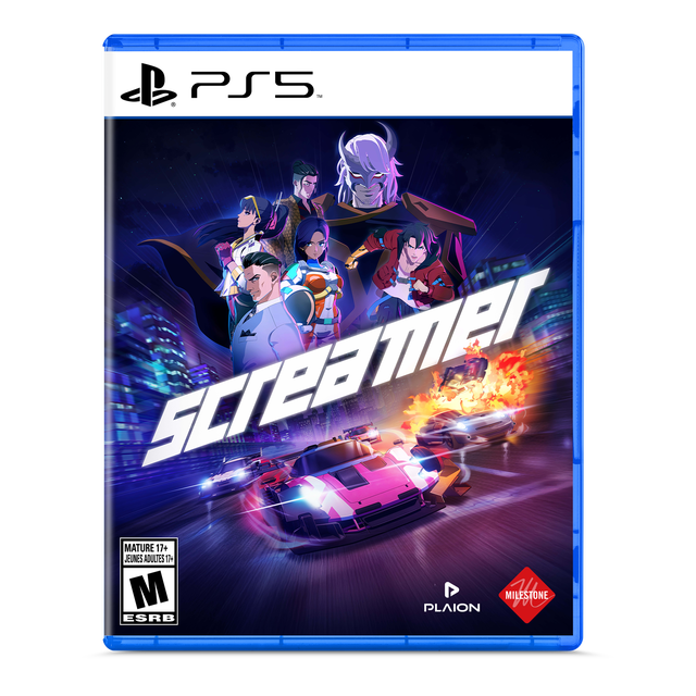 Screamer PlayStation 5 Couverture de Jeu Mettant en Vedette des Personnages Inspirés d'Anime au-Dessus de Voitures de Course à Grande Vitesse Dérivant dans une Rue de Ville Éclairée au Néon, avec une Voiture en Feu, Illustrant le Mélange du Jeu de Course Extrême et de Combat dans un Cadre Sombre et Futuriste.