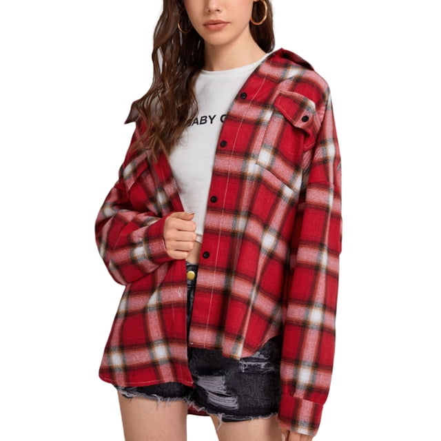 Women Plaid Flannel Shirt Jacket Button Down Lapel Long Sleeve Shirts Blouse Shacket Cardigan Coats Fall Spring Clothes