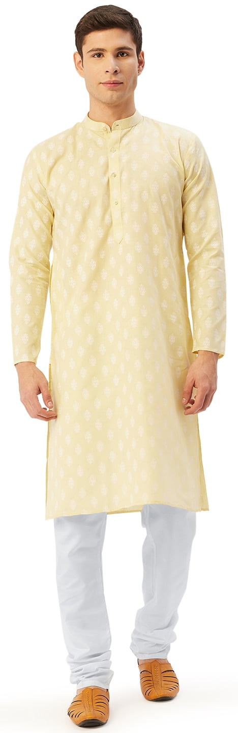 Tenue Ethnique pour Homme, Ensemble Kurta Pyjama Imprimé en Coton Indien (Jaune, G)