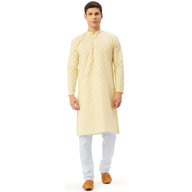 Kurta-pyjama en Coton Imprimé Traditionnel Indien pour Homme (Jaune, TTG)