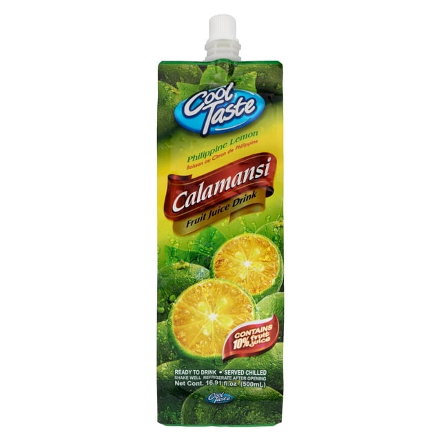 Cool Taste Boisson de Jus de Fruit au Citron des Philippines Calamansi dans un Sachet de 500 ml avec Bouchon à Vis Blanc, avec Emballage Vert et Jaune avec des images de Moitiés de Fruits Calamansi Frais, Contenant 10 % de Jus de Fruits, Prête à Boire et Servie Froide, Convient pour un Rafraîchissement sur le Pouce.
