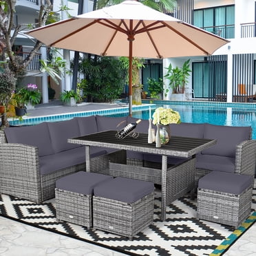Costway Ensemble de Salle à Manger en Rotin pour Patio 7 Pcs Canapé Sectionnel Sofa Ottoman Jardin Gris