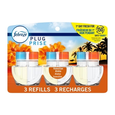 Febreze Désodorisant à Brancher, Recharge d'Huile Parfumée Anti-Odeurs, Parfum Aloha Hawaïen, 3 Recharges